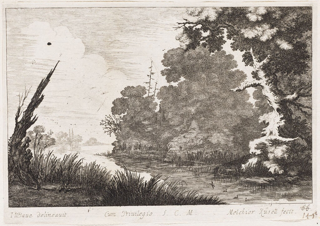 Marshy Landscape With Four Fowl And A Large Tree At Right