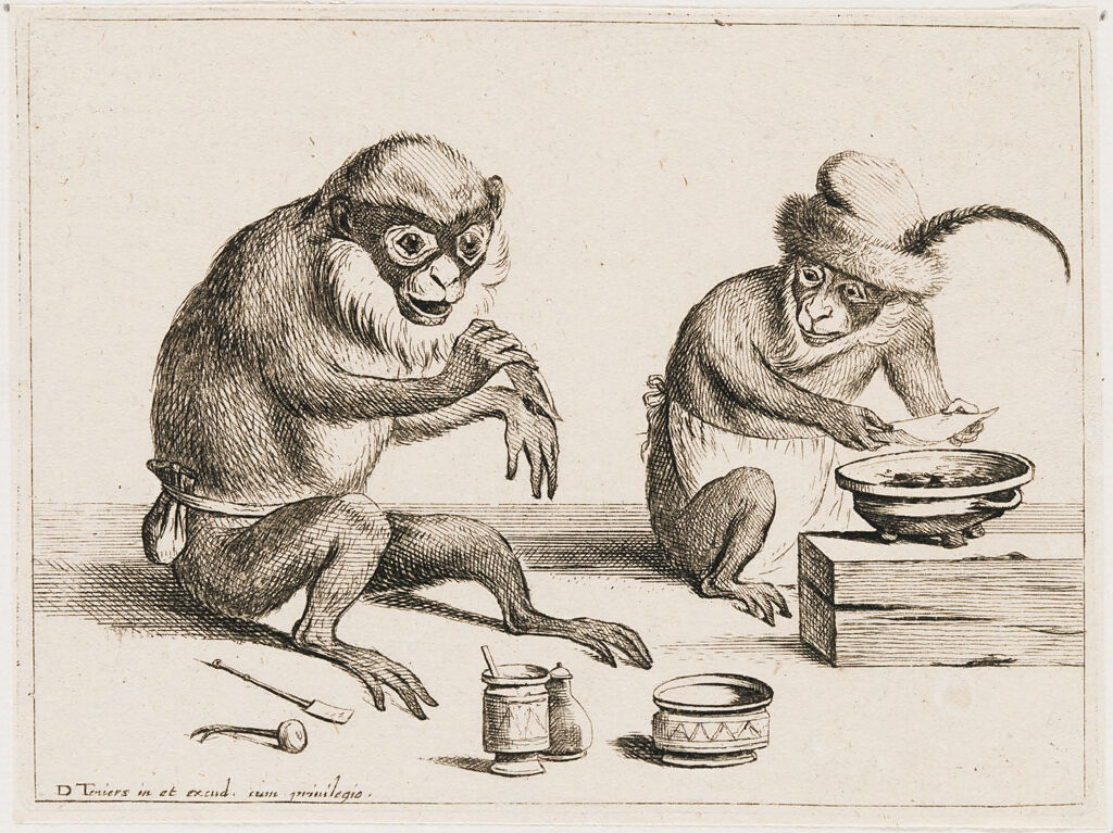 Monkey Treating The Wounded Hand Of Another Monkey With Sticking Plaster