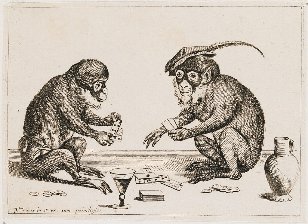 Two Monkeys Playing Cards