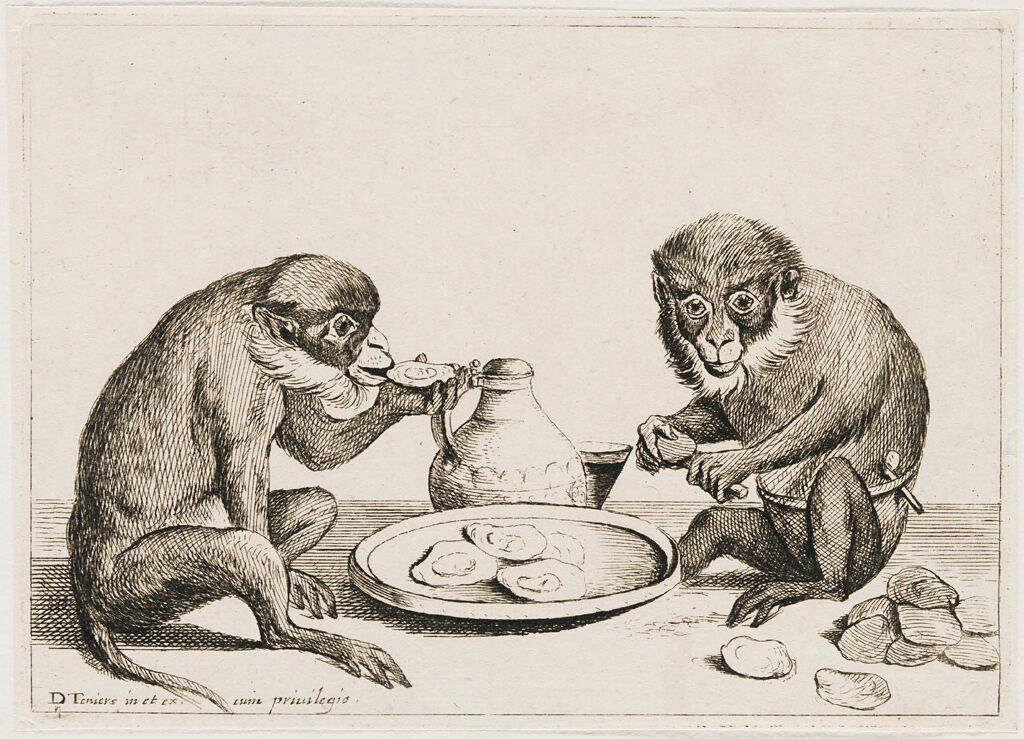 Two Monkeys Eating Oysters