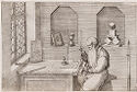 Black-and-white etching of man sitting at desk with scientific instruments