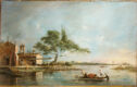A landscape featuring a building and a tree at the edge of a lagoon as boats come and go