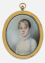 
A miniature, oval watercolor presents a bust-length portrait of a young woman wearing a white dress.