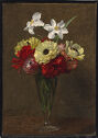 A realistic depiction of a vase holding large red, yellow, and white flowers.