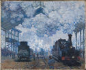 Dramatic painting of two locomotives spewing steam at the entrance of a glass roof station.