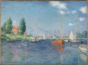 Painting of a sublime placid sunny scene of small sail boats on the water near green land on the left.
