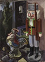 A painting of a nutcracker doll and a figure of a rooster or a chicken.