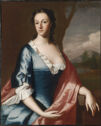 Formal portrait of a fair-skinned woman wearing eighteenth-century blue silk dress, with white ruffles, draped with a coral-pink colored shawl.