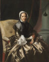 Three quarter length portrait of a woman in eighteenth century dress.