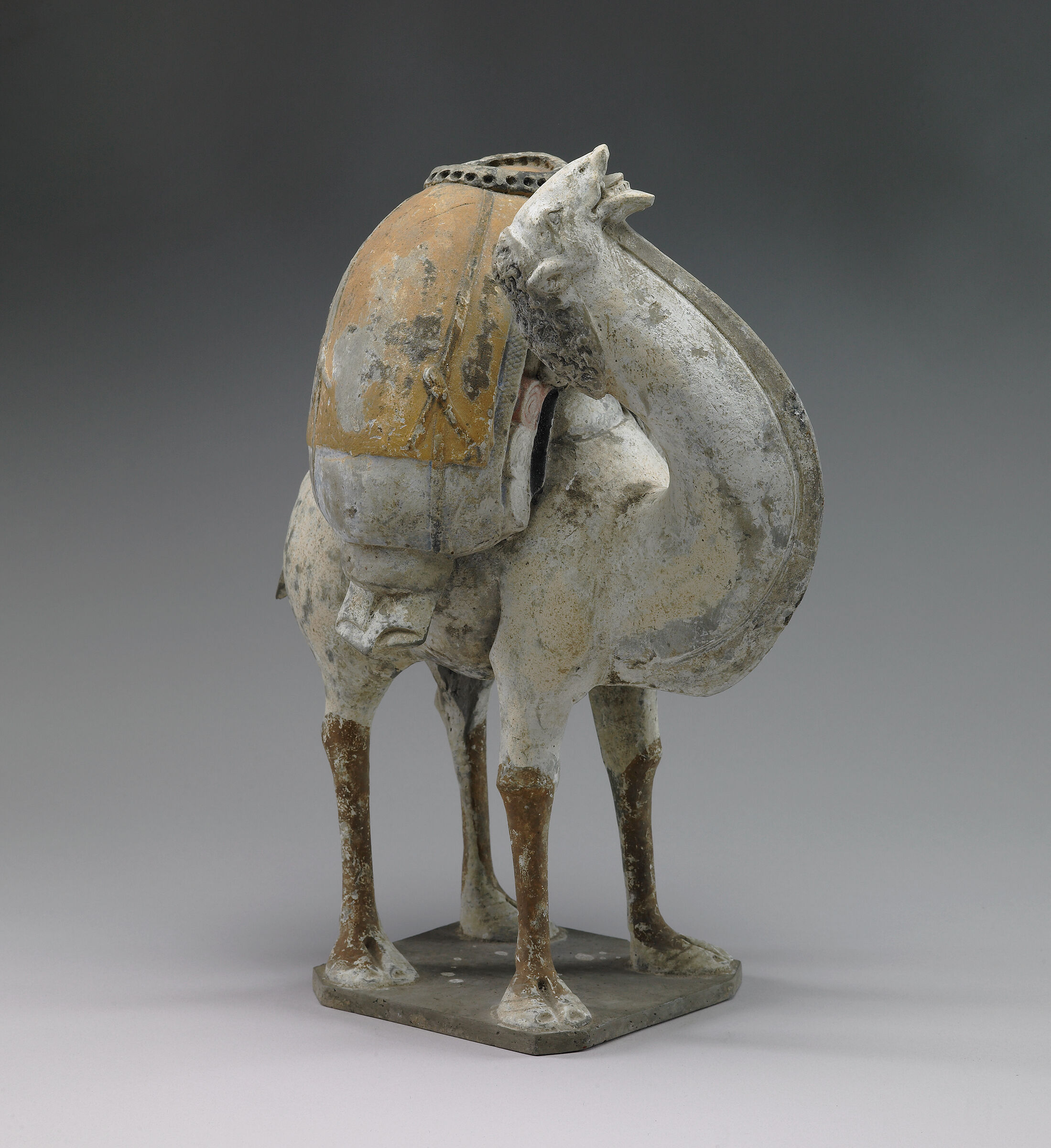 White-Colored Camel, From The Tomb Sculpture Set: Two Standing, Braying Camels, One Buff, One White, Their Backs Laden With Goods
