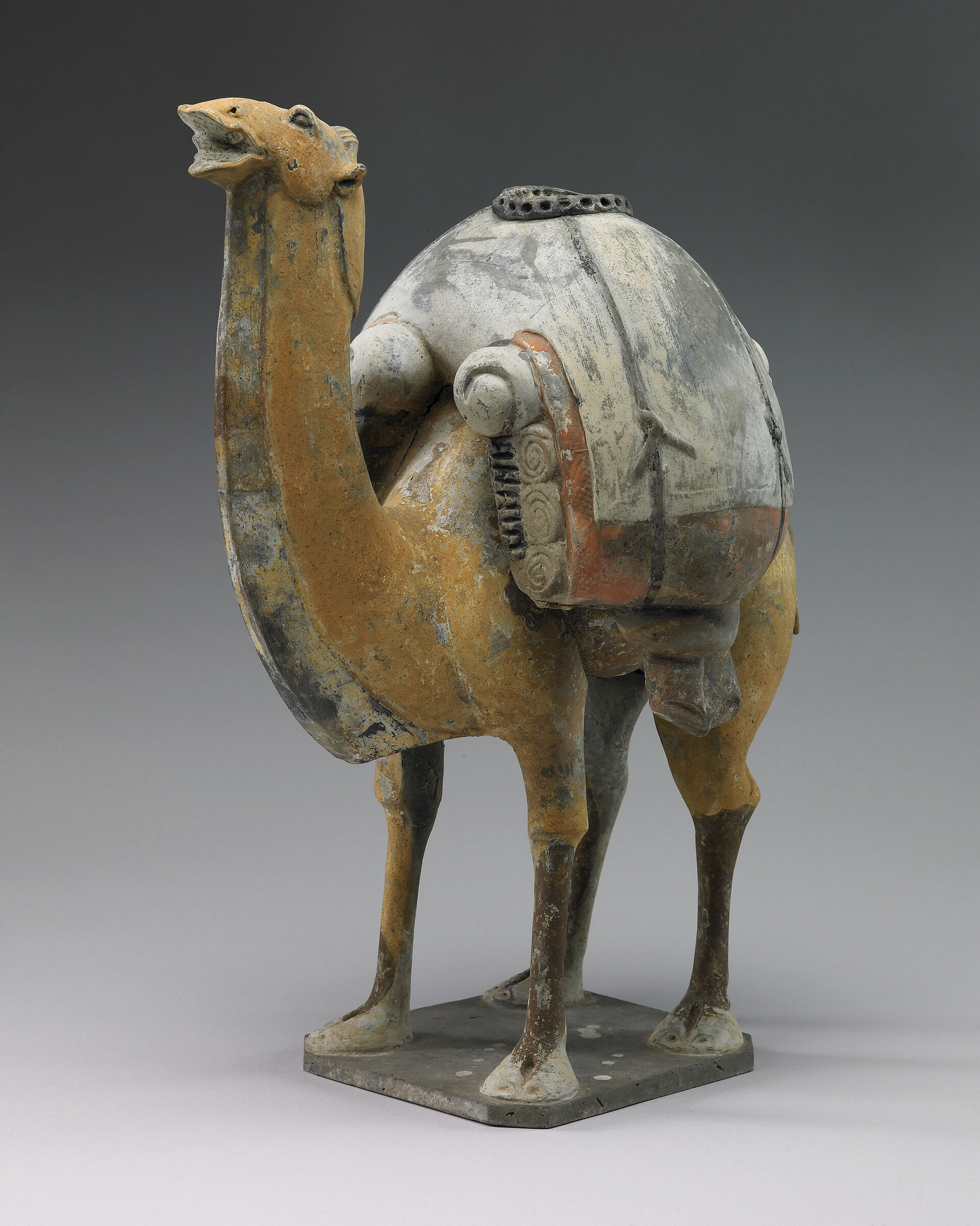 Buff-Colored Camel, From The Tomb Sculpture Set: Two Standing, Braying Camels, One Buff, One White, Their Backs Laden With Goods
