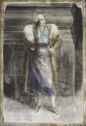 A lime wash on plaster painting of a woman standing in front of a building.