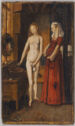 In front of a wash basin, a nude woman stands next to a woman in a red dress.