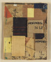 Scraps of beige papers interspersed with some colored papers, adhered around a prominent black square
