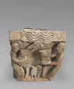 Rectangular stone capital with carved scenes on three sides