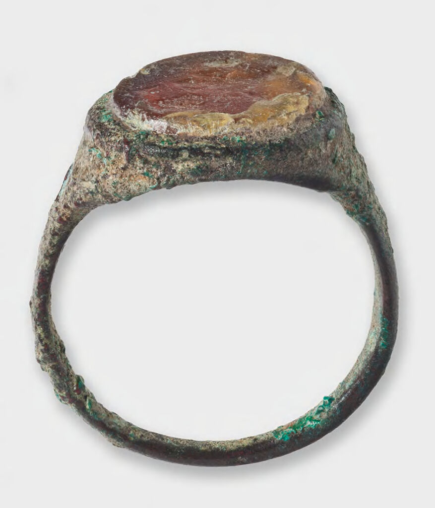 Ring With Orange Glass Gem Bearing Poorly Engraved Figure