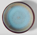 A circular dish shown from above. The rim is dark purple and the center is light blue.