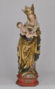 Painted, gilded wooden statue of woman with crown holding baby