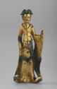 A gilt bronze sculpture of a woman in a dress.