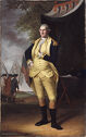 A full length portrait of George Washington standing in a landscape with soldiers