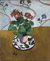 A painting of a pot of red geraniums with whitish centers in a blue and white pot.