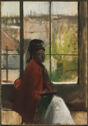 A woman wearing a red cloak is sitting in front of a window.