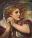 A young woman in robes clutches her hands and looks up in fright