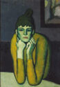 A painting of a woman seated with her arms on a table, her chin on her hands.