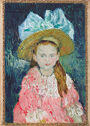 A painting of a young girl, seated, wearing a large hat and a pink dress.