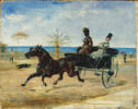 A man and a woman ride in an open carriage pulled by a horse galloping away from a beach.　