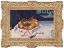 A painting of a bowl of fruit on a white table.