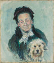 Painted portrait of a fair skinned older lady smiling, with a small terrier dog in her lap.