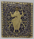 A seated figure of Christ is positioned in a background of colorful, decorative shapes