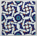 a tile decorates with blue and orange organic floral shapes in strictly organized repeating patterns.