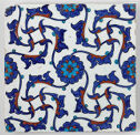 Square tile decorated with blue and orange floral designs
