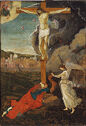 A man hangs on a cross with two figures positioned below