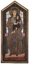 Wooden panel painted with woman and baby seated on wooden throne with colorful patterns. 