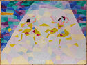 A painting of two figures dancing on a colorful background.