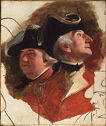 Double portrait of two men in black hats and red coats