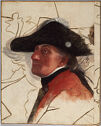 Profile portrait of a man in a red jacket and large black hat