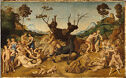 Three scenes of a nude man and a crowd around a dead tree.