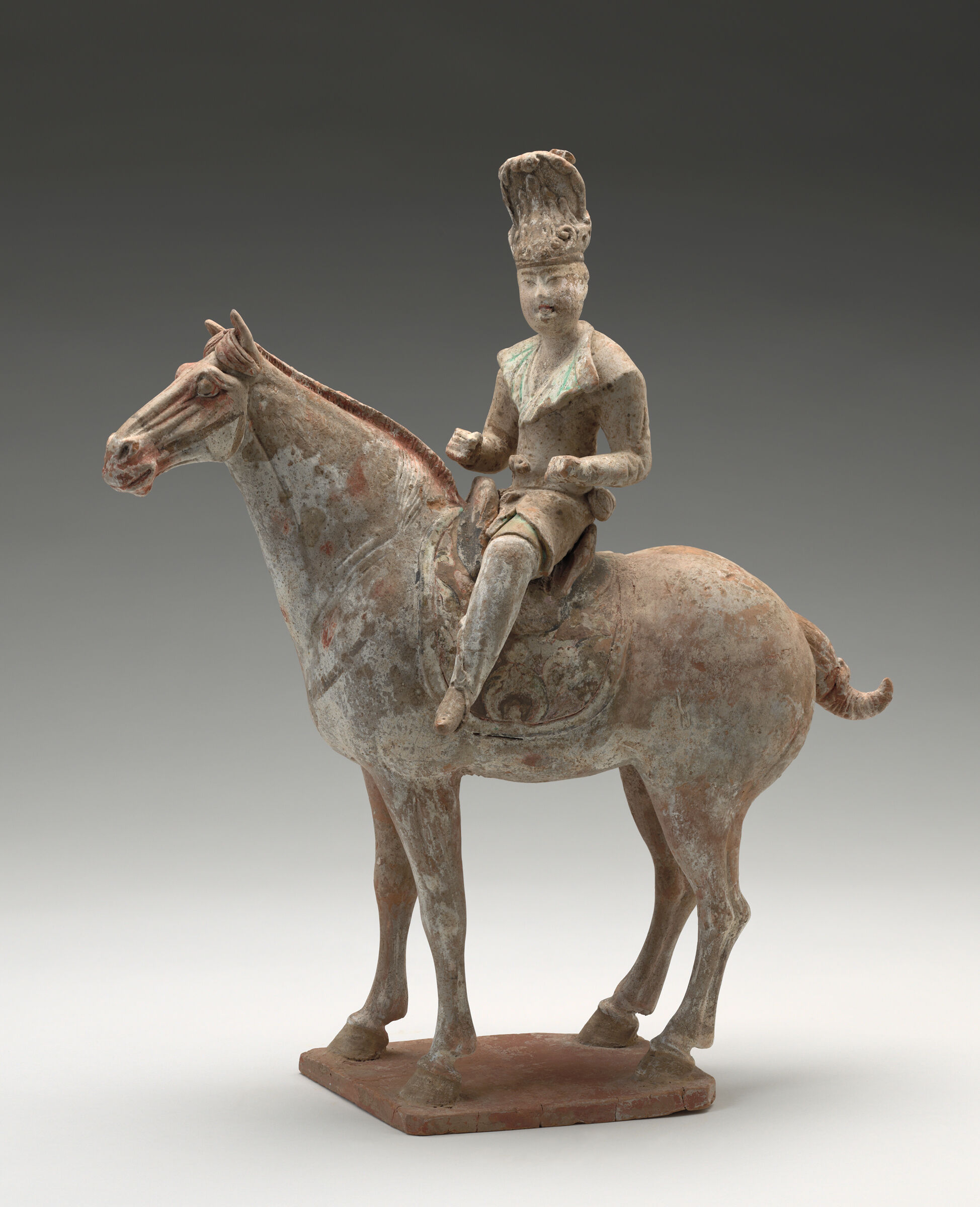 Equestrian Male, From The Tomb Sculpture Set: Two Equestrian Figures, One Male With A Tall, Elaborately Embellished Hat, One Female With Hair In A Topknot, Both With Pointed Boots, And Hands Positioned To Hold The Reins Of Their Standing, Saddled Horses