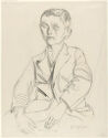 A drawing in light graphite of a seated boy.