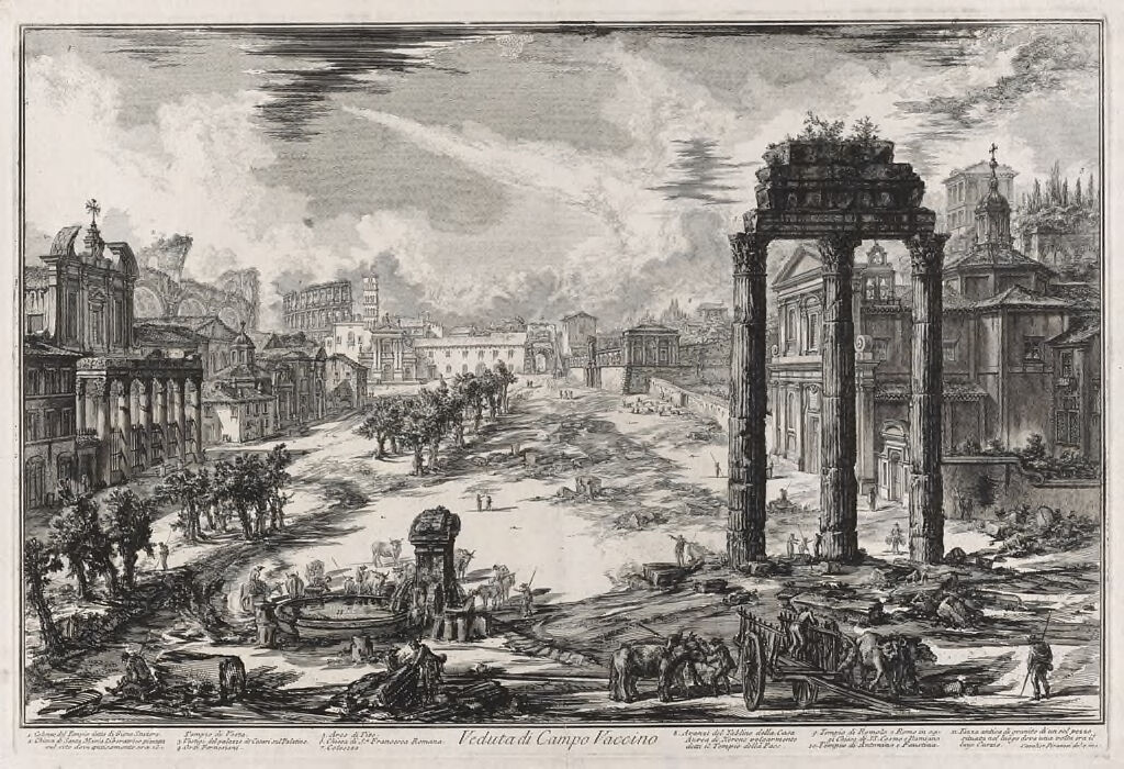 The Roman Forum, Or Campo Vaccino, With The Temple Of Antonius And Faustina In The Foreground L., The Temple Of Castor And Pollux Foreground R., And The Colosseum In The Distance