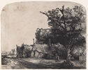 A black and white print portrays a small village on the side of a dirt road 