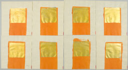 Nineteen Square Sheets Of Cream Tissue Paper, Each With A Rectangular Patch Of Orange Paint And A Square Of Gold Foil Pasted On Top And Gold Pencil Text On The Foil