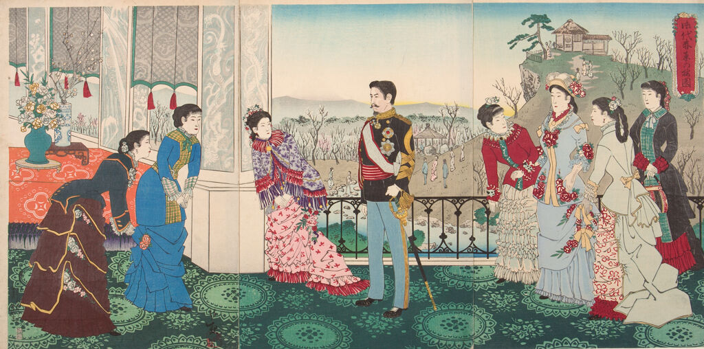 Triptych: Emperor Meiji And His Consort In The Plum Garden