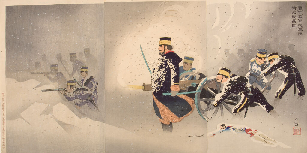 Triptych: Despite The Snow The Japanese Army Perseveres To Hold Their Strong Position At Wei-Hai-Wei (Yuki O Okashite Waga Gun Ikaiei No Kenrui O Nuku Zu)