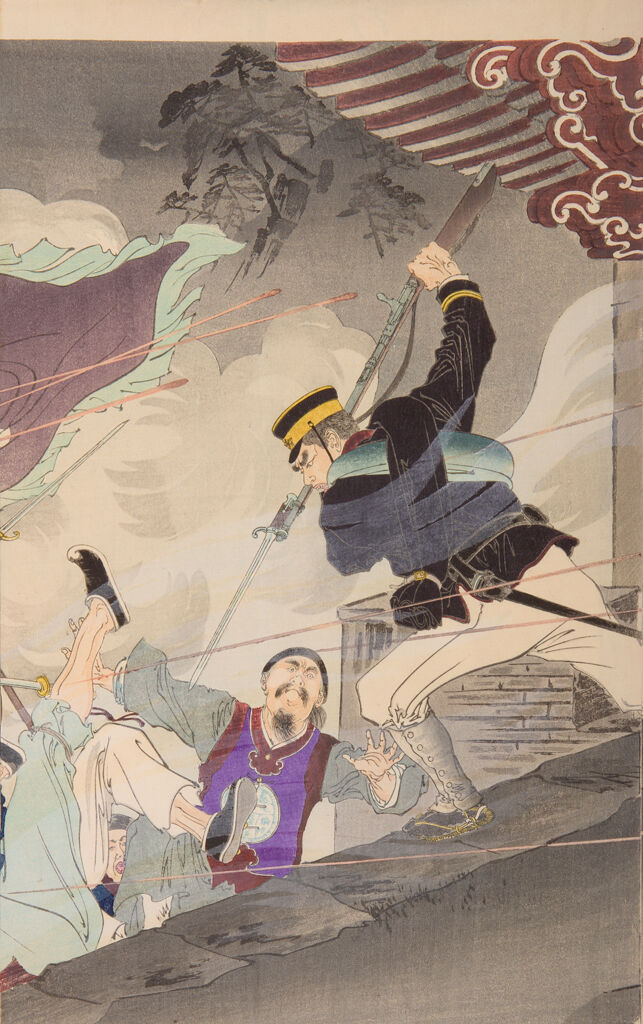 Harada Jūkichi Was The First To Climb Up The Genbu Gate And Bravely Attack The Chinese Displaying Military Honor (Genbumon Kōgeki Zuiichi Genkōsha Harada Jūkichi Shi Sentō Funsen Zu)