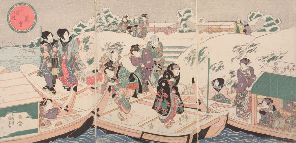 Triptych: Evening Snow At Mimeguri (Mimeguri No Yosetsu) - Actors And Courtesans Getting On A Boat